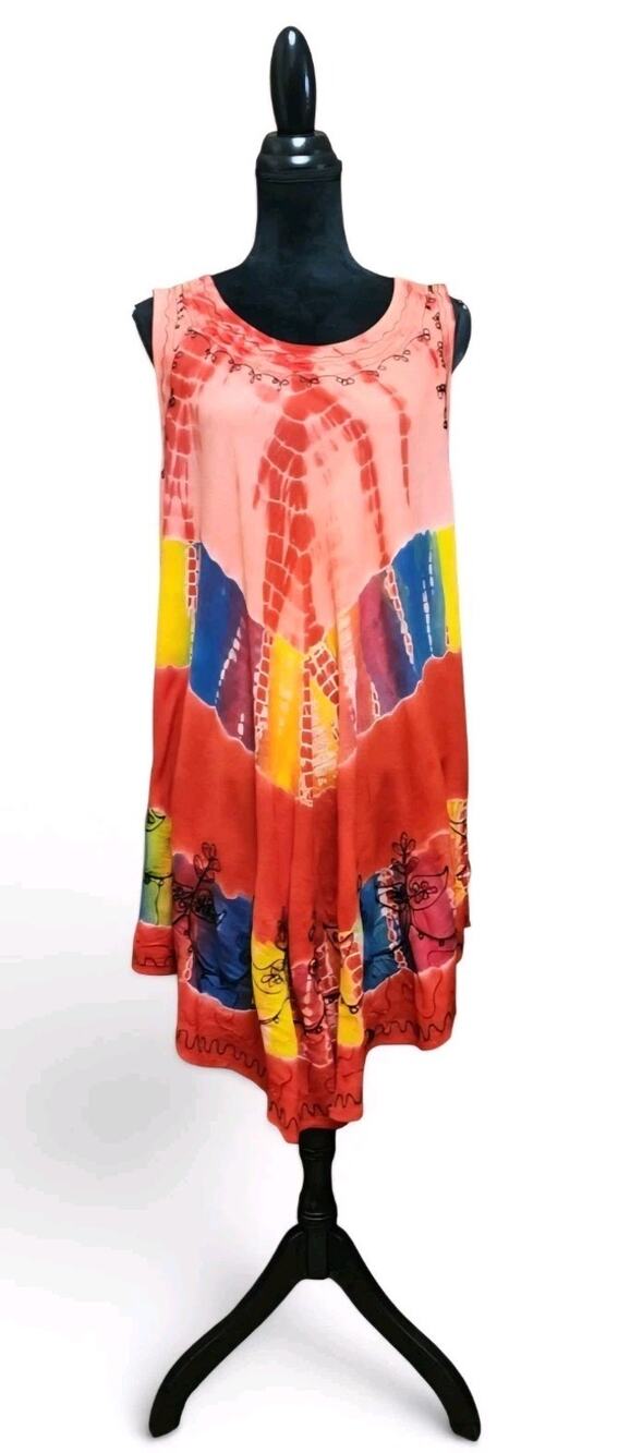 Tropical Plus Size Orange Bali Tie-Dye Flowy Lightweight Beach Swim Cover Dress